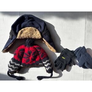 Boys LandsEnd 80% LambsWool Hat Gap Trapper Beanie Glove Lot Kids WinterEUC 2pc